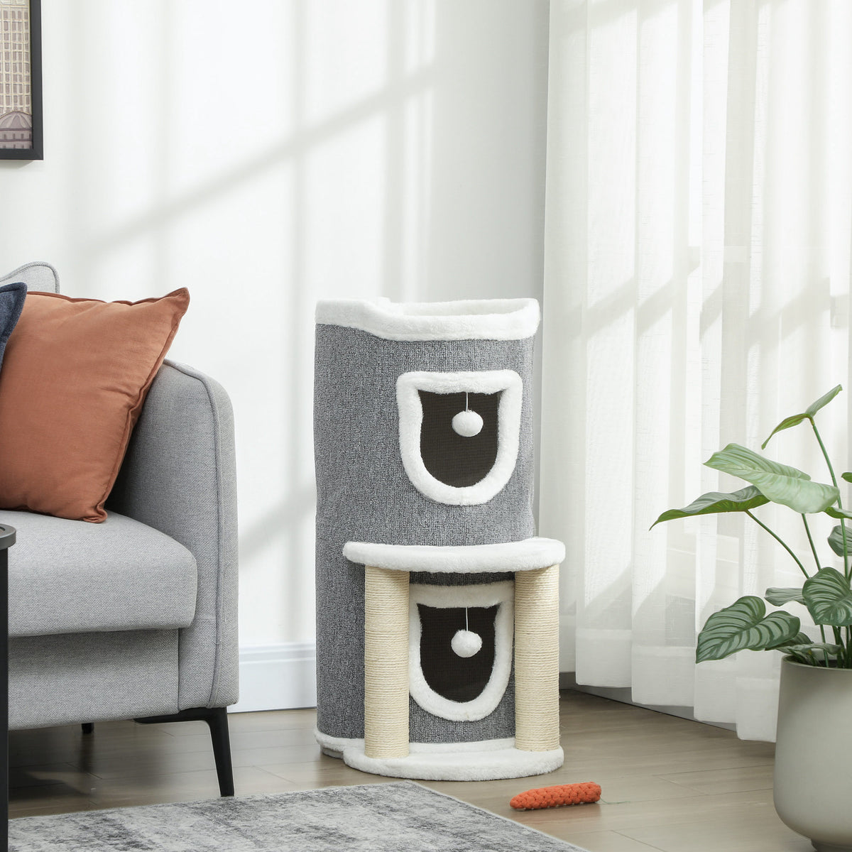 Pawhut Árbol Rascador Para Gatos 76 Cm Con Cama 2 Cuevas Postes Alfombra Gris_1