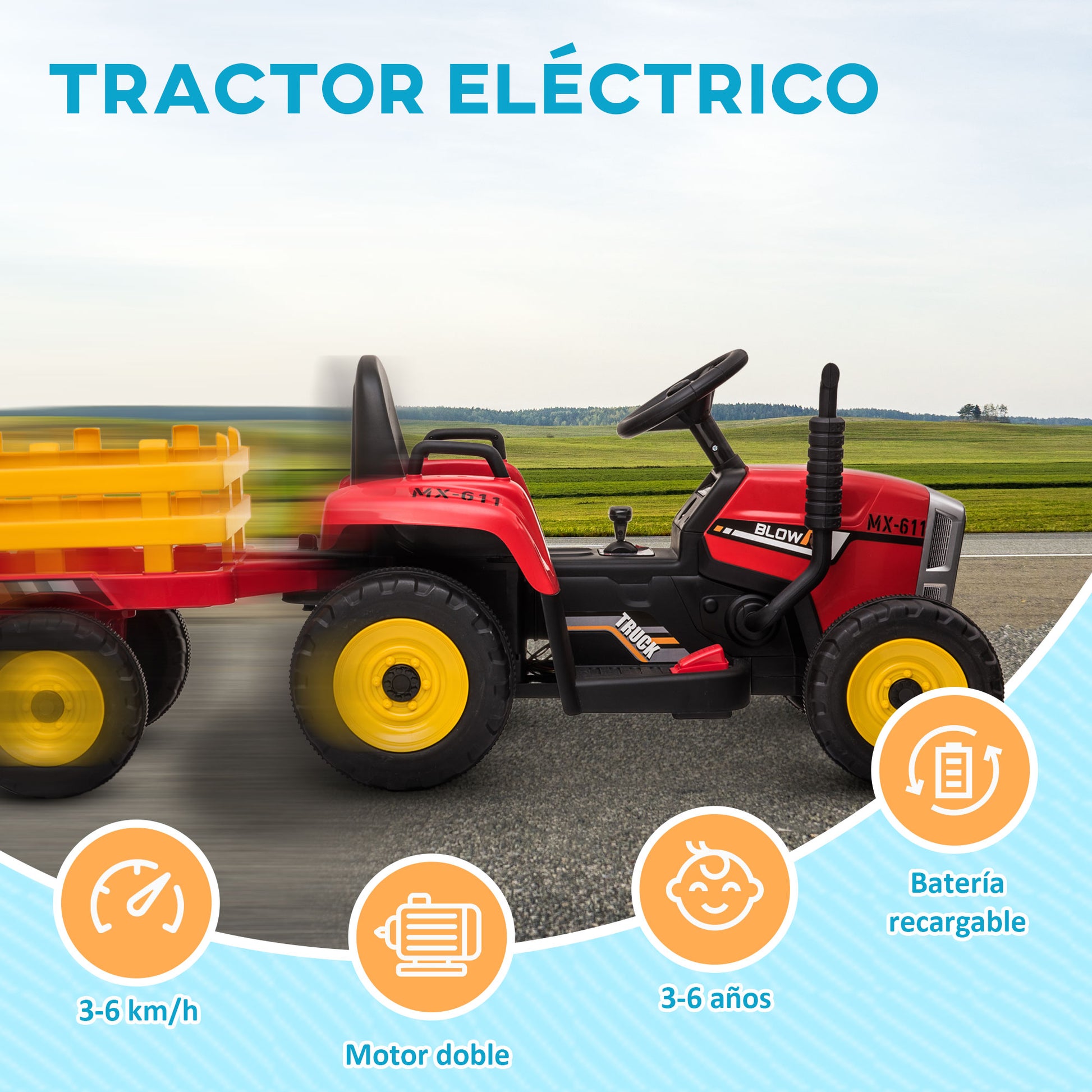 Homcom Tractor Eléctrico Con Remolque Para Niños 3-6 Años 136,5x50x52,5 Cm Rojo_3