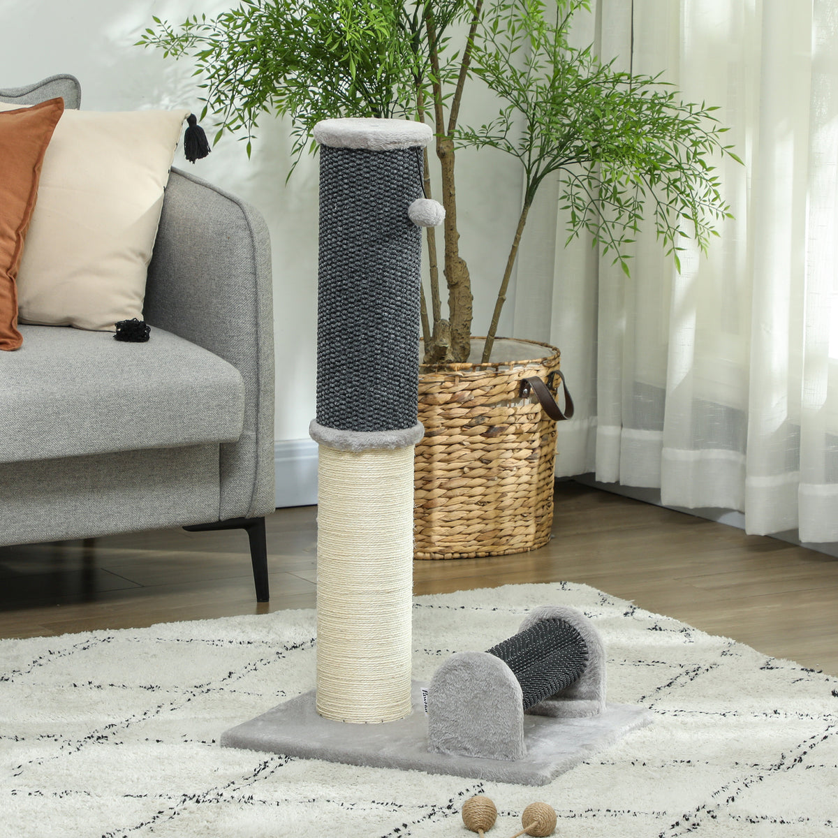 Pawhut Poste Rascador Para Gatos 85 Cm Con Cepillo De Auto Acicalado Gris Crema_1