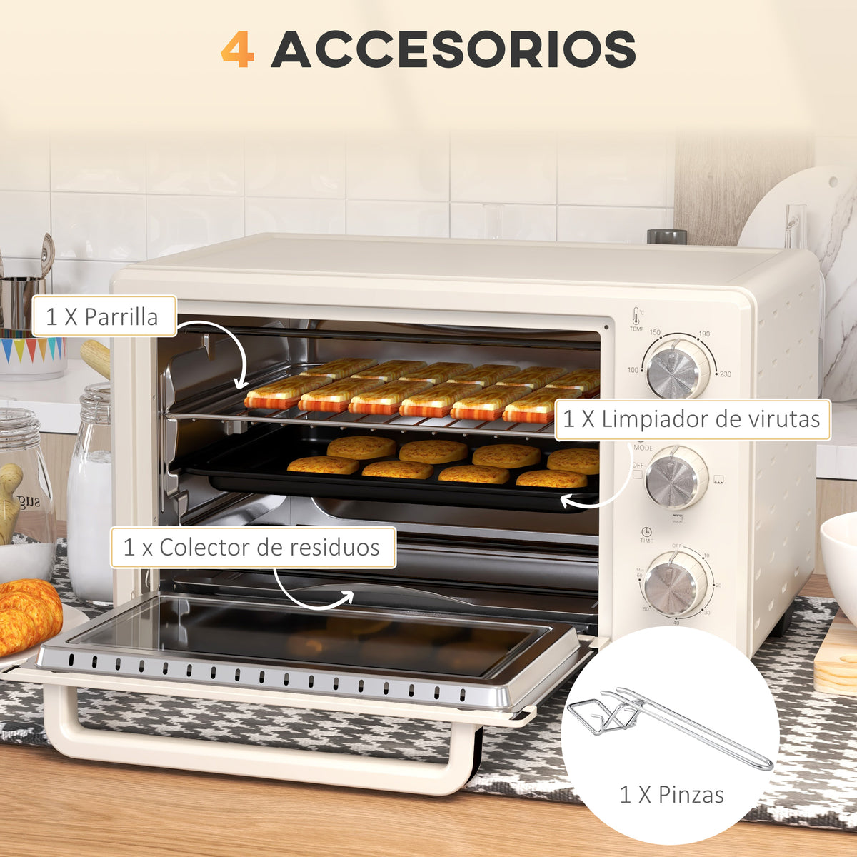 Homcom Horno Eléctrico De Sobremesa De 21l 1400w Con Temporizador Crema_5