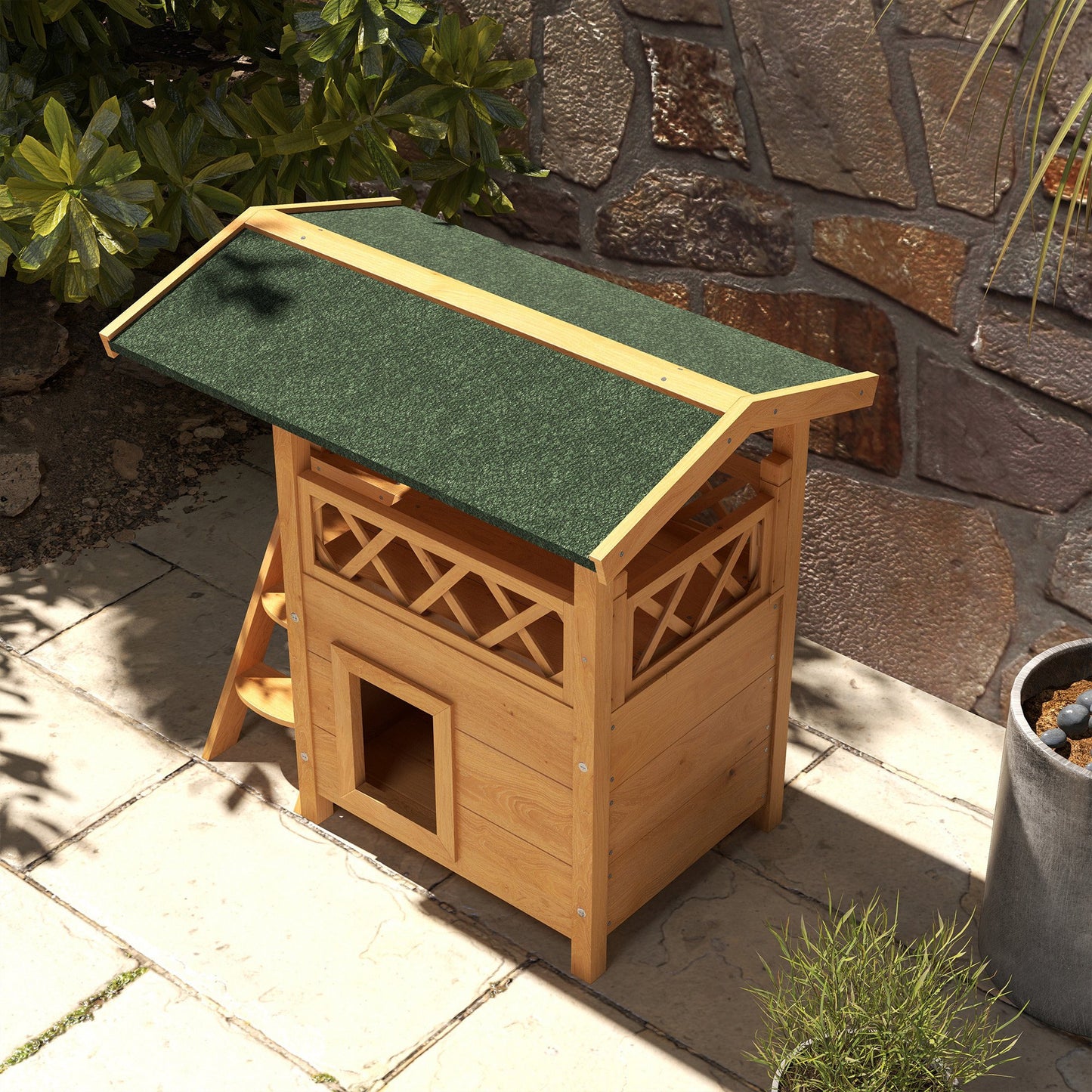 Pawhut Casa Para Gatos De Madera 77x50x73 Cmcon Techo Asfáltico Escalera Natural_4