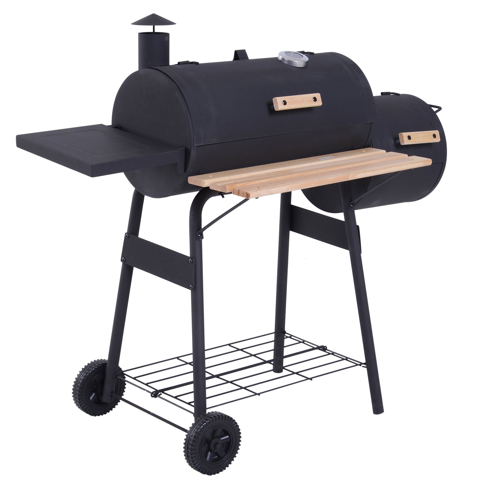 Outsunny Barbacoa De Carbón Con Termómetro Ruedas Estantes Madera 124x53x108cm_0