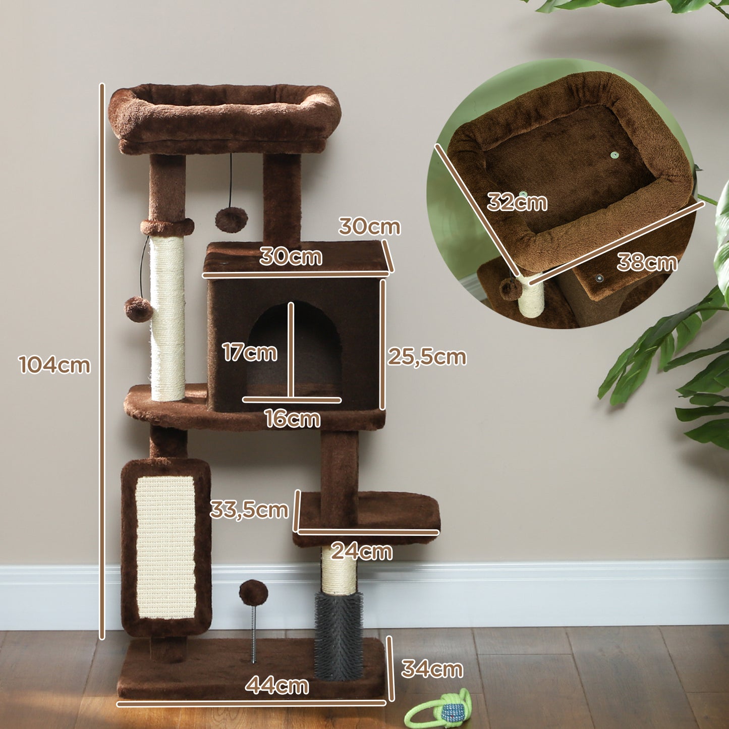 Pawhut Árbol Rascador Para Gatos Altura 104cm Con Almohadilla Para Rascar Marrón_2