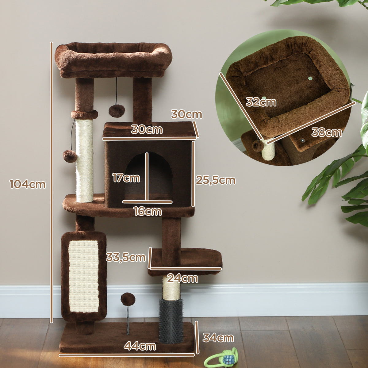Pawhut Árbol Rascador Para Gatos Altura 104cm Con Almohadilla Para Rascar Marrón_2