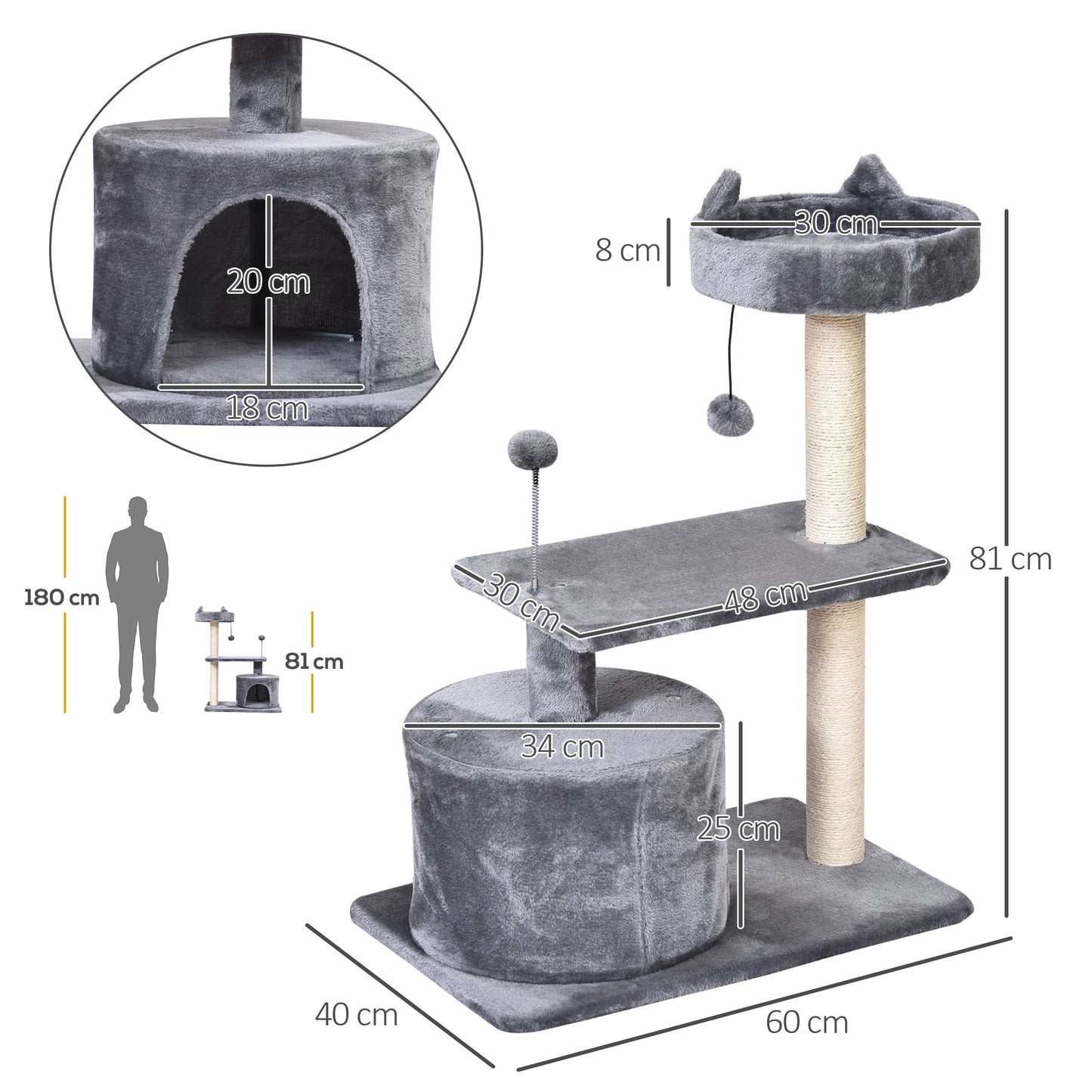 Árbol Rascador Para Gatos Con Cama Plataforma Refugio Poste 60x40x81 Cm Gris_2