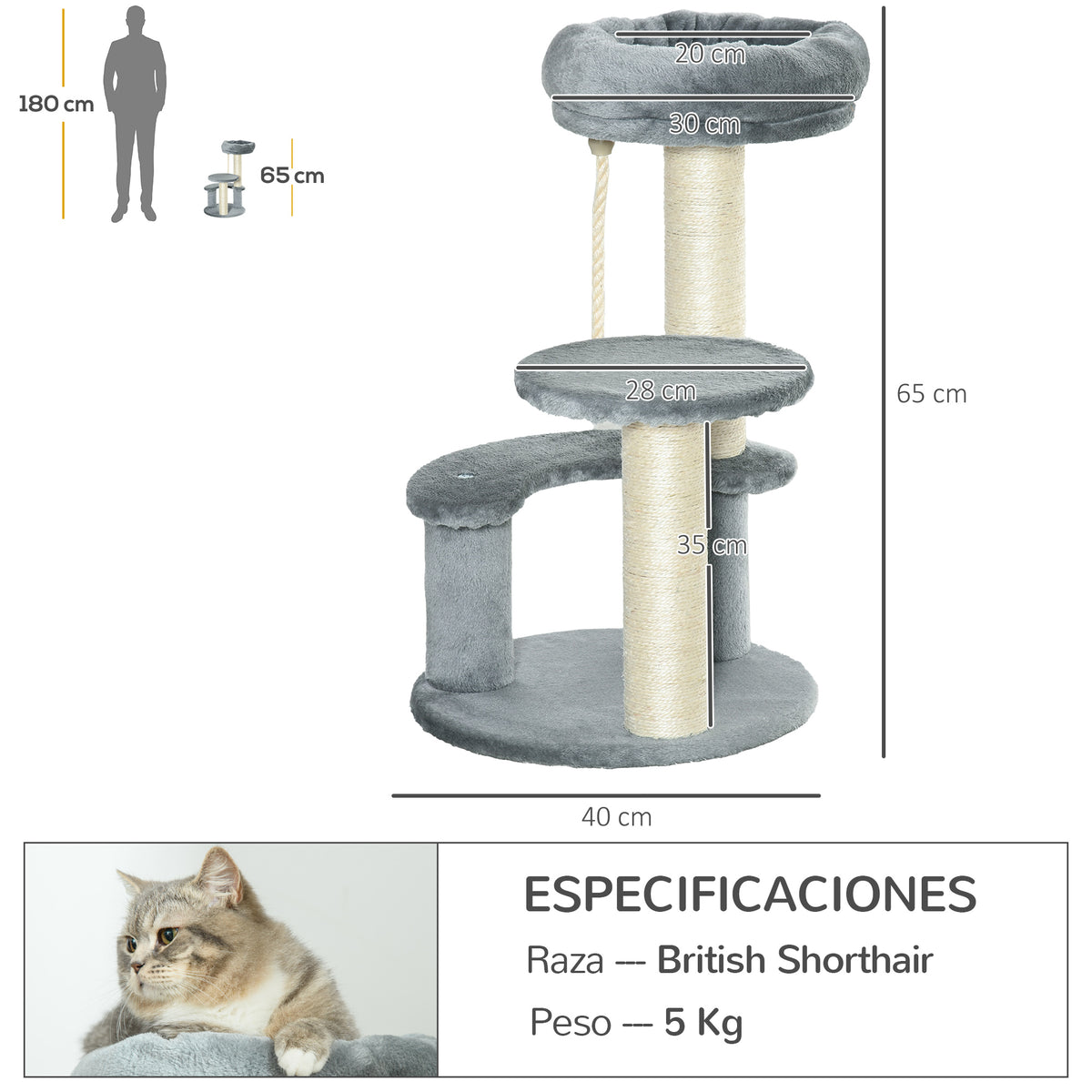 Pawhut Árbol Rascador Para Gatos Con Cama De Felpa Y Postes De Cuerda De Sisal_2