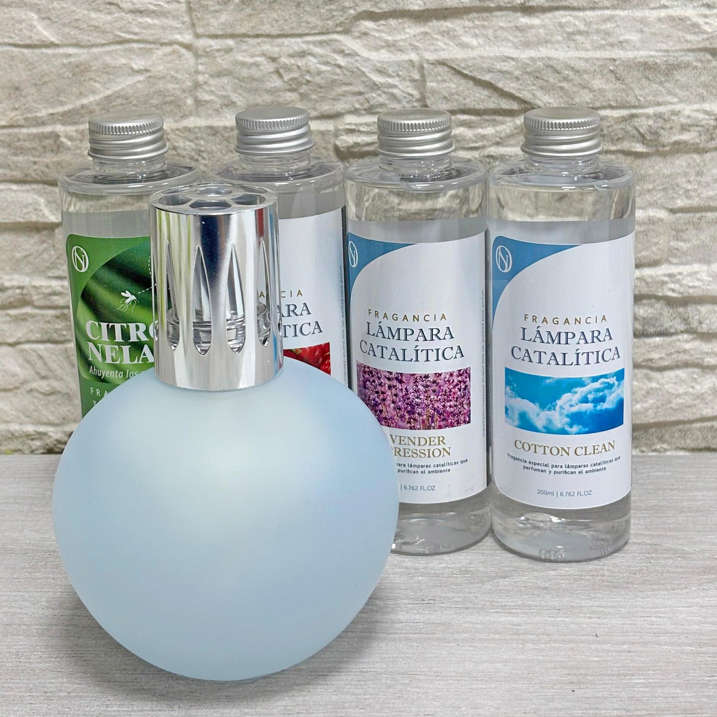 Pack Lámpara Catalítica Azul Grisáceo Mate + Aroma Lavender Expression 200ml + Limpiador Neutro 200ml + Mecha Repuesto_3