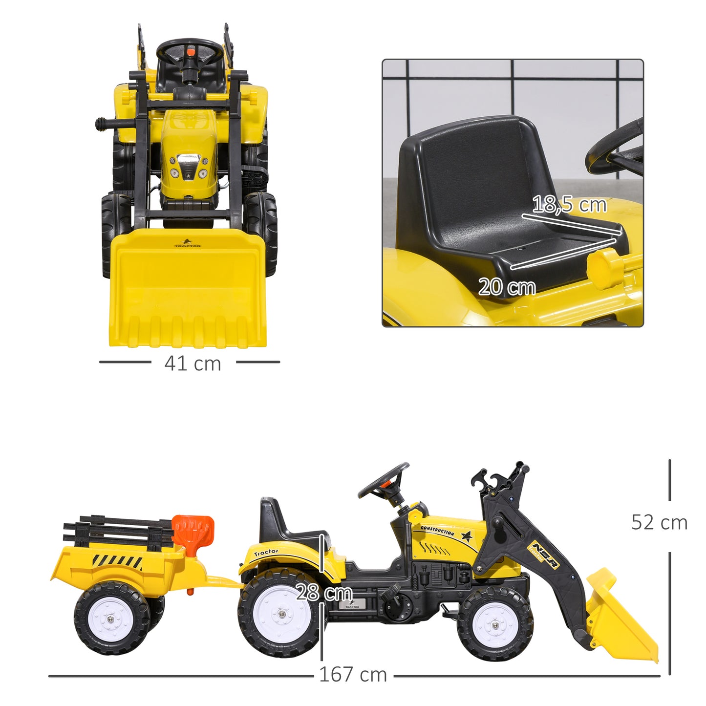 Homcom Tractor A Pedales Para Niños De 3 Años Con Remolque 167x41x52 Cm Amarillo_2
