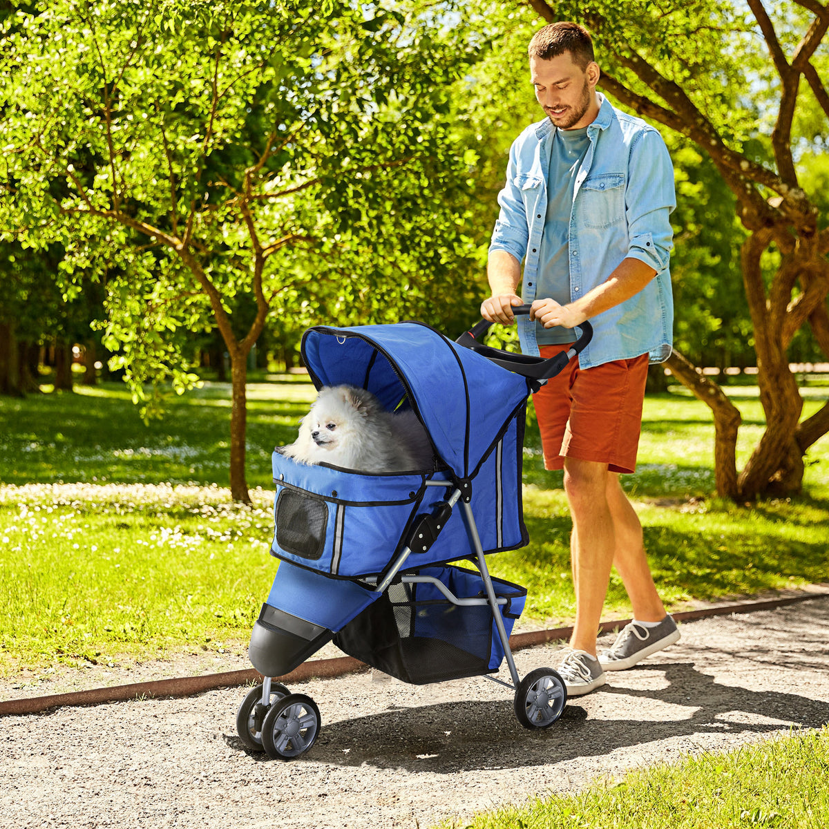 Pawhut Carrito Para Perros Plegable Con Cesta De Almacenaje 75x45x97 Cm Azul_1