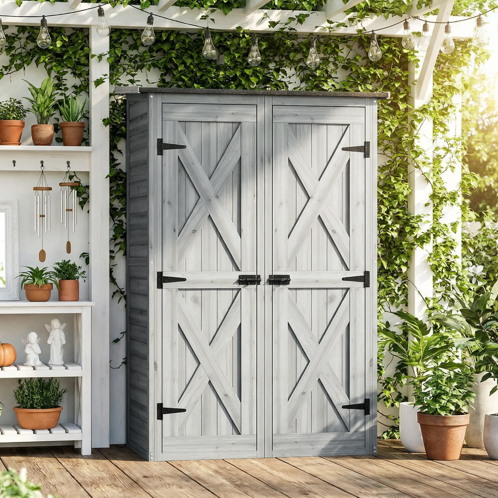 Outsunny Caseta De Jardín De Madera 115x53x156 Cm Con 2 Estantes Y 2 Puertas_1