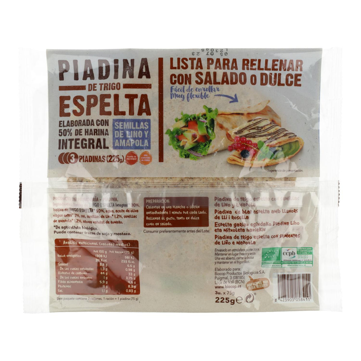 Piadina de trigo Espelta Integral con Semillas de Lino y Amapola Biocop 225 g