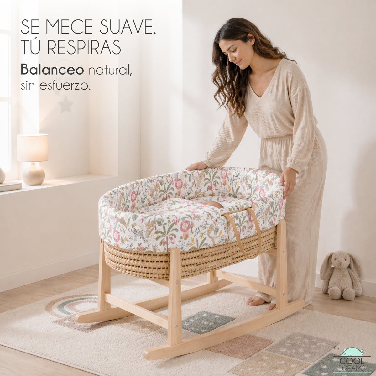Moisés Completo Para Bebé (vestidura De Algodón Safari Jungle + Colchón + Estructura Balancín + 2 Bajeras Impermeables)_3