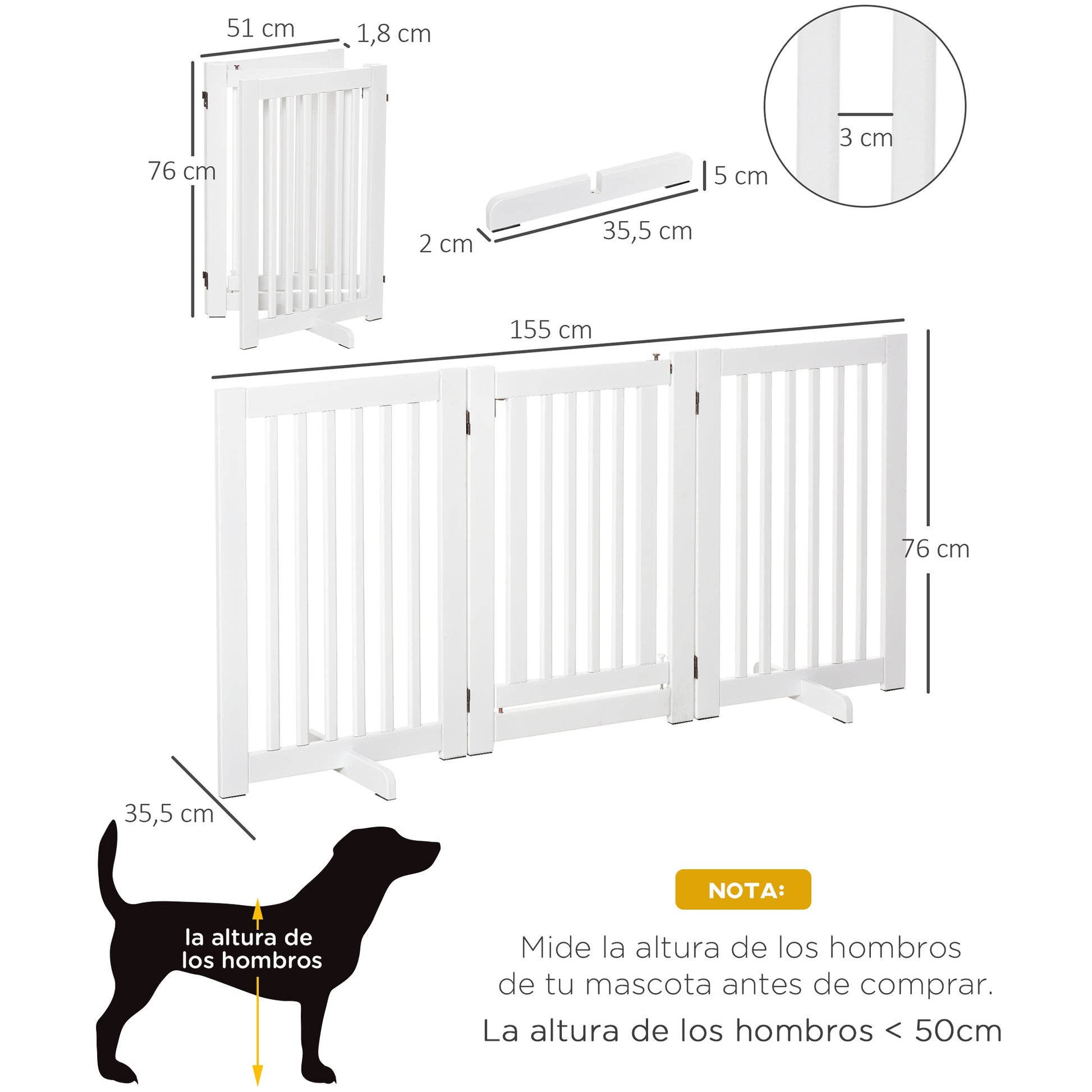 Pawhut Barrera Para Perros Plegable De Madera Con 1 Puerta 155x35,5x76 Cm Blanco_2