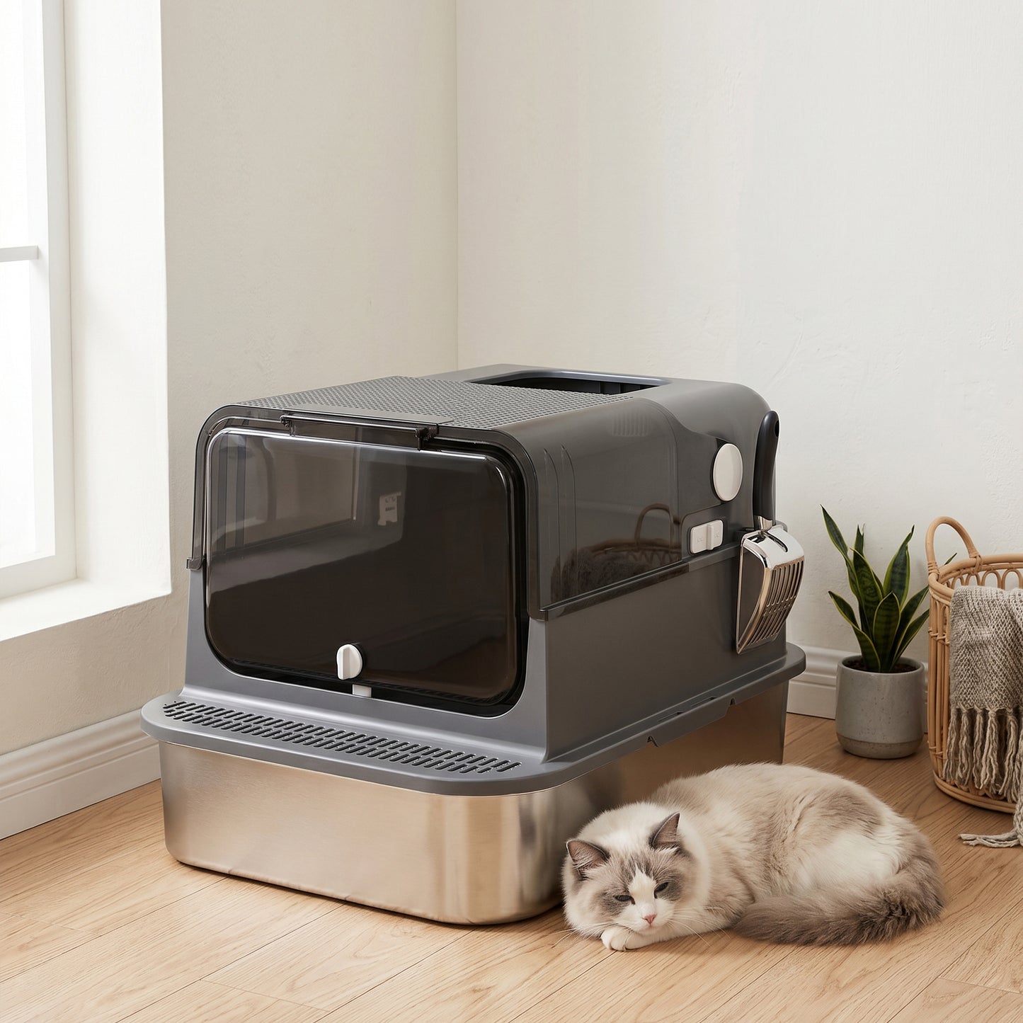 Pawhut Arenero Para Gatos De Acero Inoxidable Xxl Tapa Abatible Negro_4
