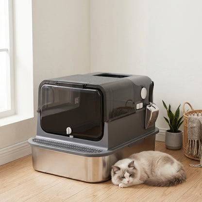 Pawhut Arenero Para Gatos De Acero Inoxidable Xxl Tapa Abatible Negro_4