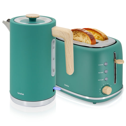 Briebe Nordic Set Tostadora Pan Ranura Ancha 2 Rebanadas + Hervidor Agua Eléctrico 1,7l Inalámbrico, Skt1167gre, Verde_0