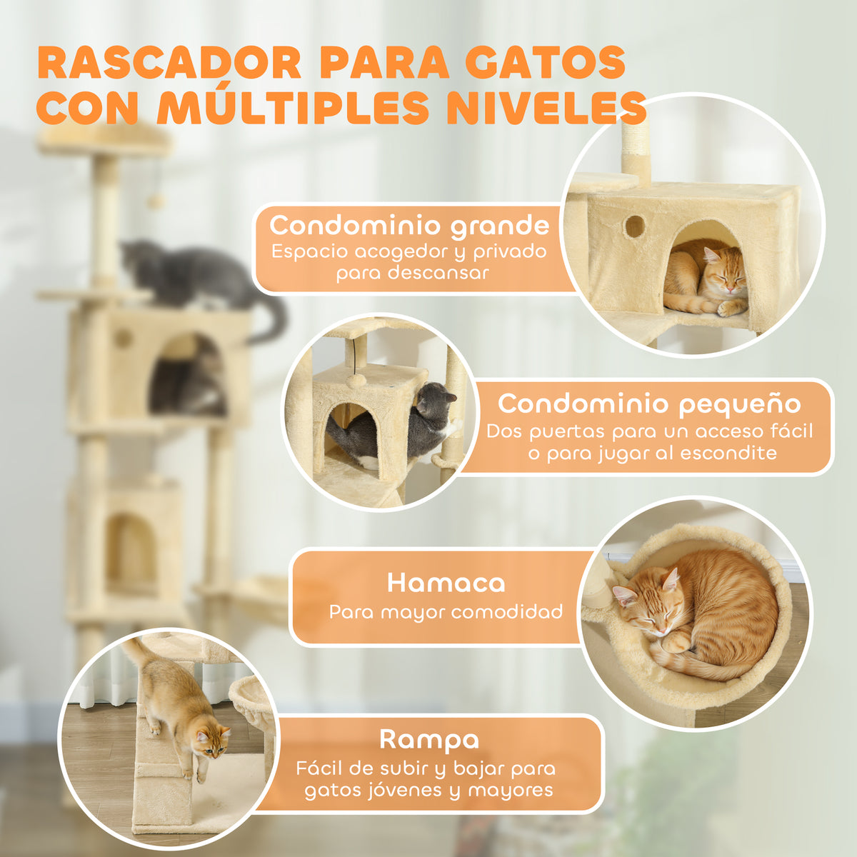 Pawhut Árbol Rascador Para Gatos 180 Cm Con Múltiples Plataformas Beige_3