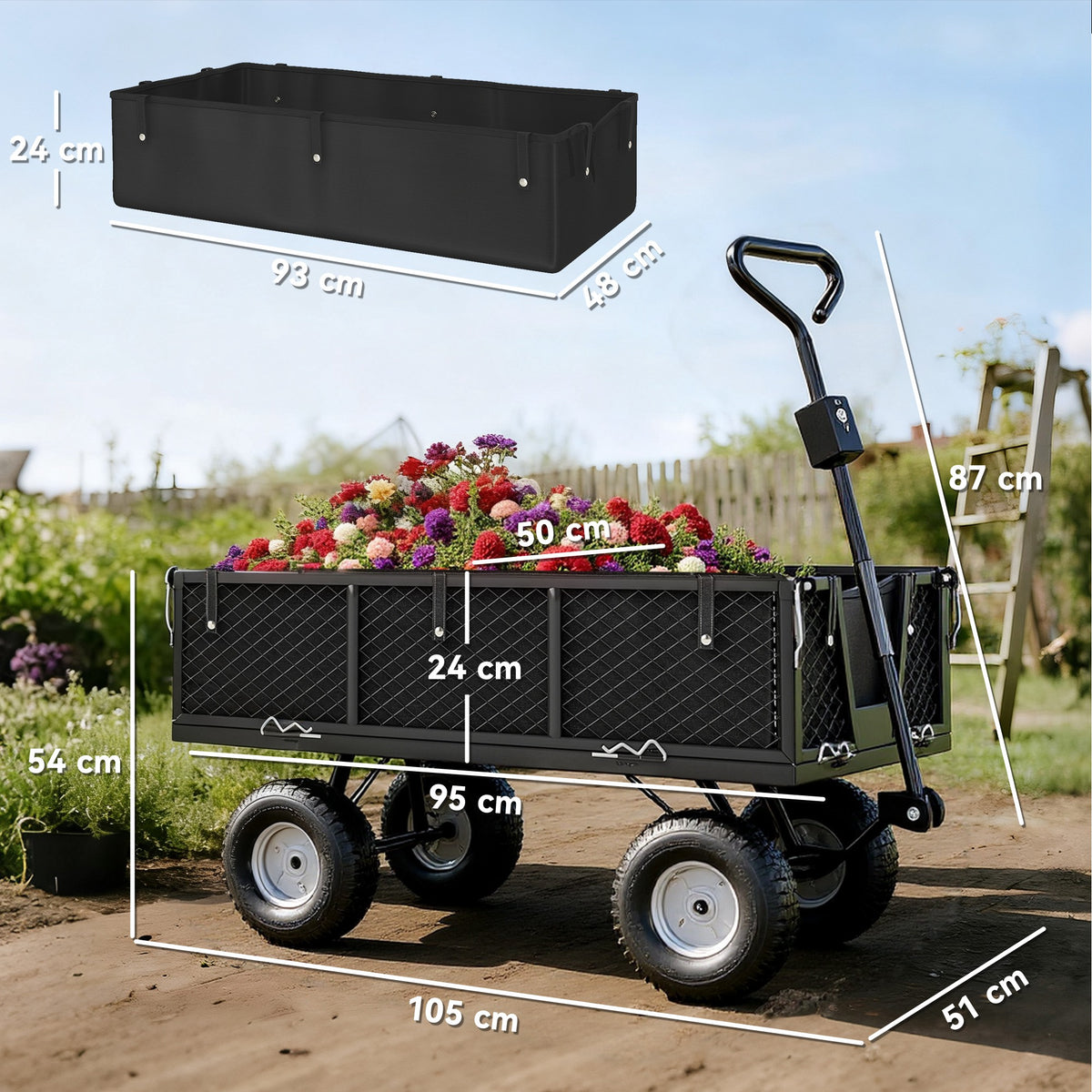 Outsunny Carrito De Jardín Con Ruedas Grandes Mango Giratorio Carga 300 Kg Negro_2