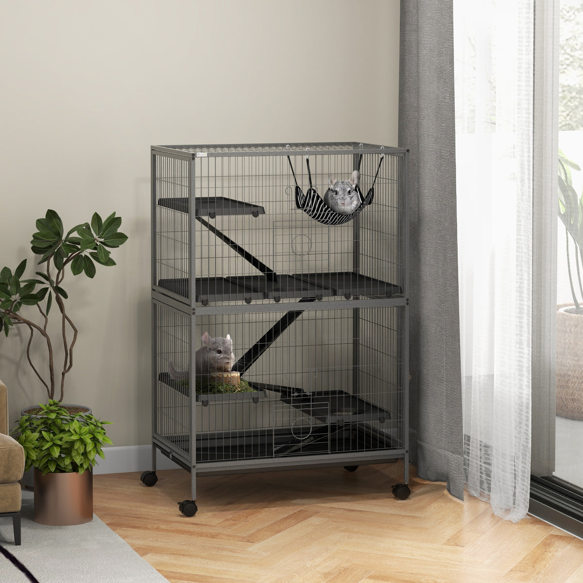 Pawhut Jaula Para Animales Pequeños De 4 Niveles Con Ruedas 80x52x128 Cm Gris_1