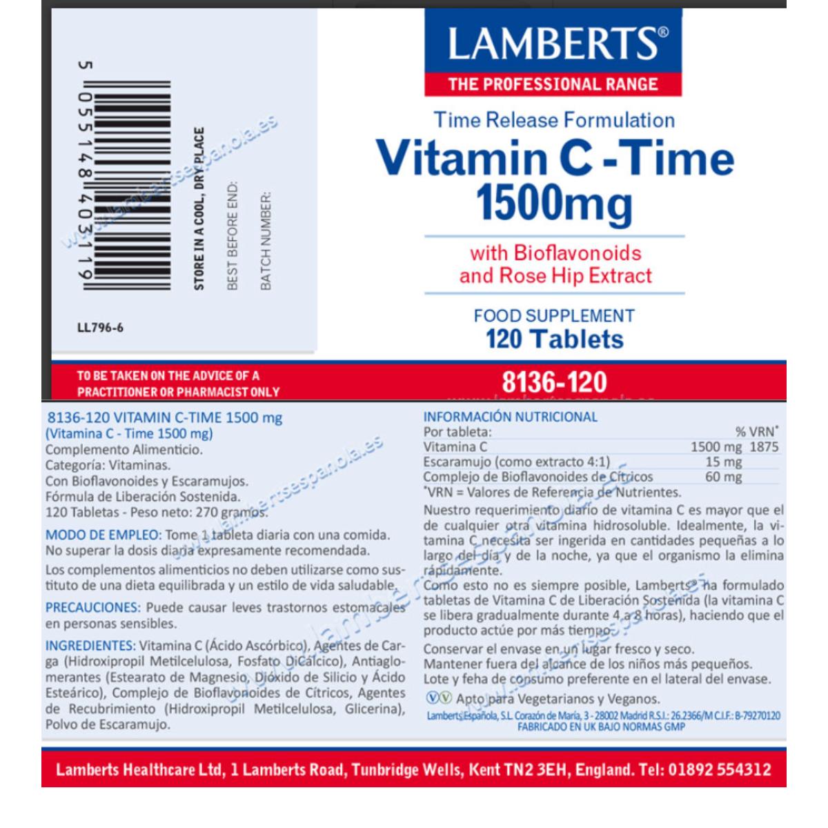 Vitamina C liberación sostenida 1500 mg Lamberts 120 tabletas