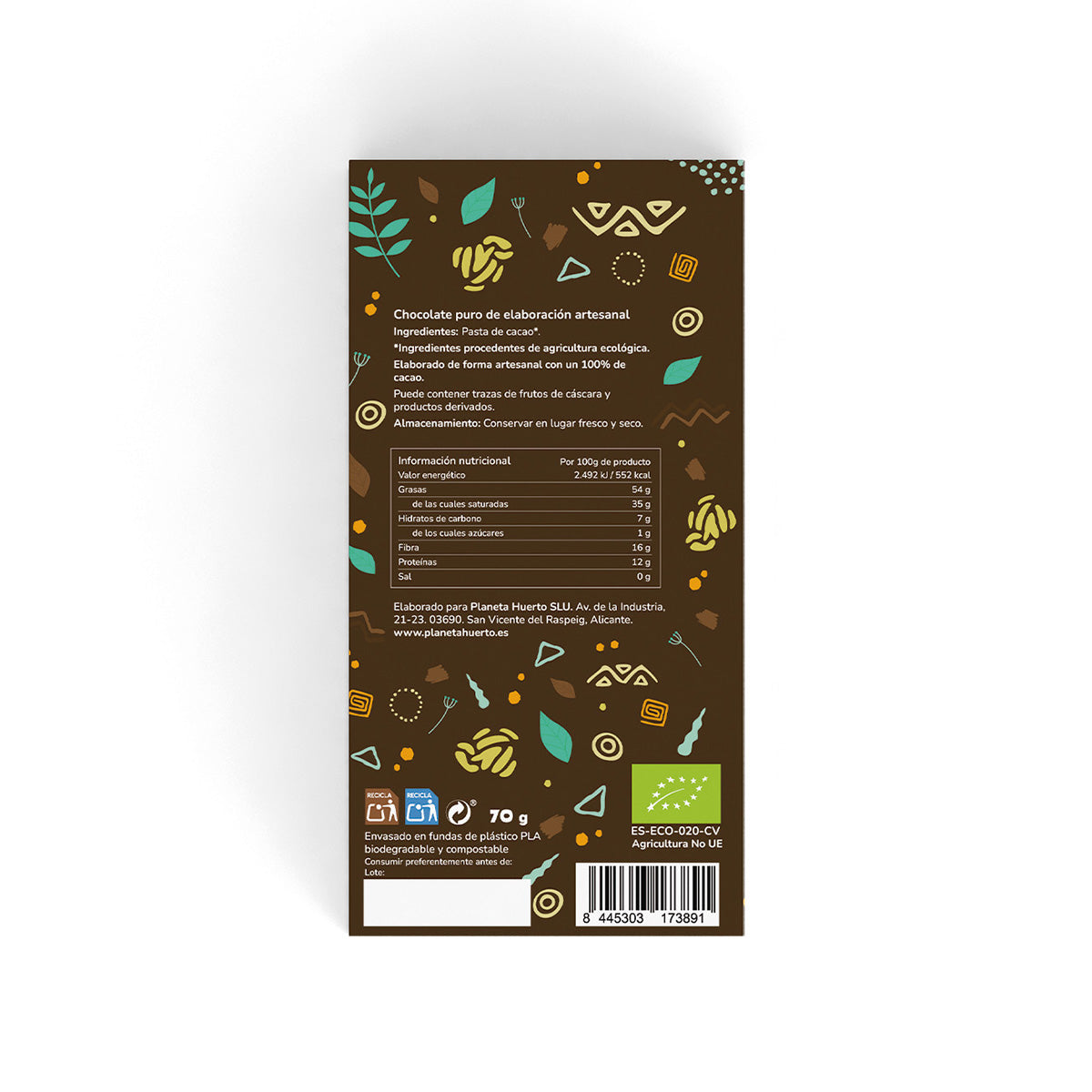 Tableta 100% cacao ECO Planeta Huerto 70 g