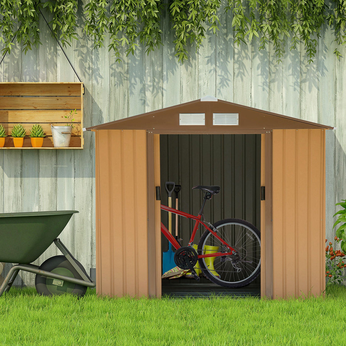 Outsunny Caseta De Jardín 213x130x185 Cm Con 2 Puertas Correderas Y 4 Ventanas_1