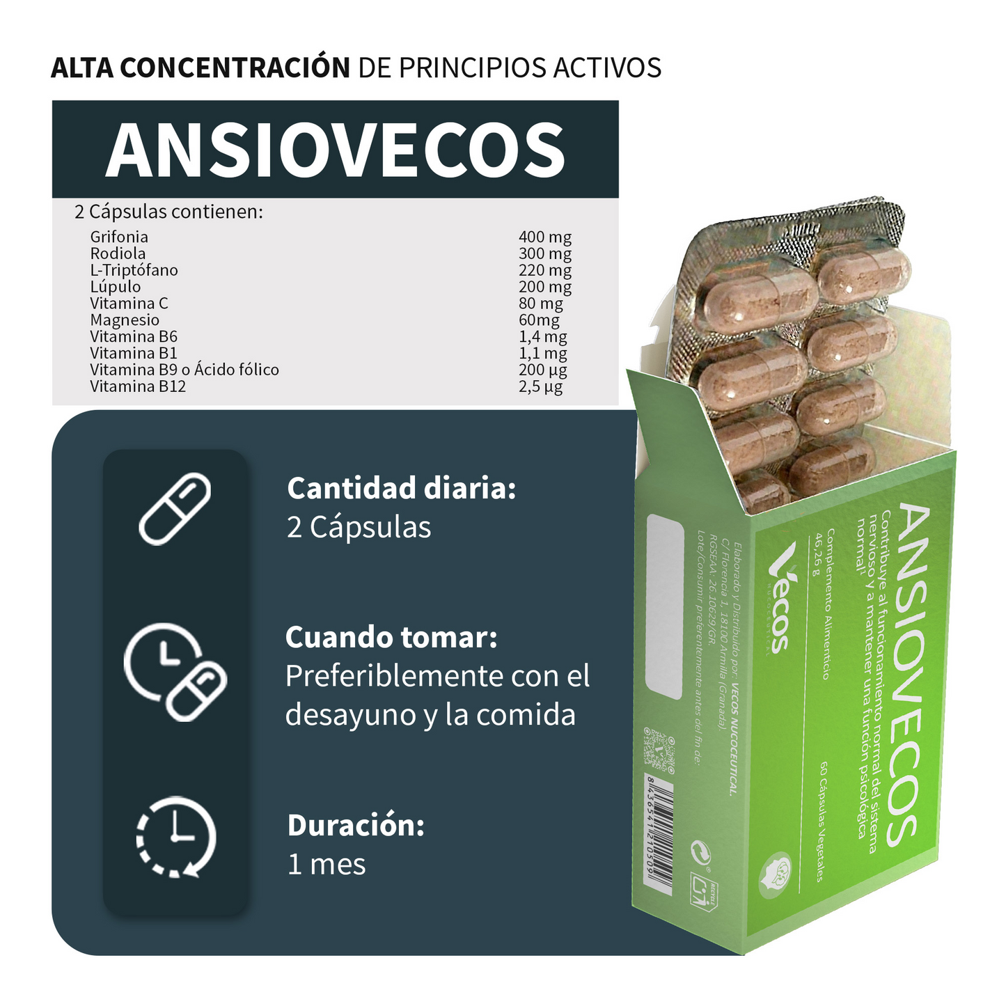 Ansiovecos Vecos 60 Cápsulas | Estrés, Ansiedad Y Equilibrio Emocional | Griffonia, Rhodiola Y Triptófano_2