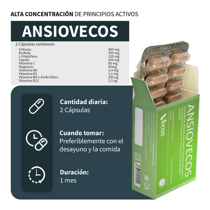 Ansiovecos Vecos 60 Cápsulas | Estrés, Ansiedad Y Equilibrio Emocional | Griffonia, Rhodiola Y Triptófano_2