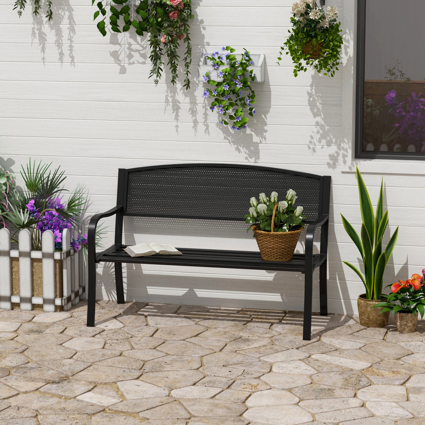 Outsunny Banco De Jardín De 2 Plazas Carga 240 Kg Para Patio 127x60x87 Cm Negro_1
