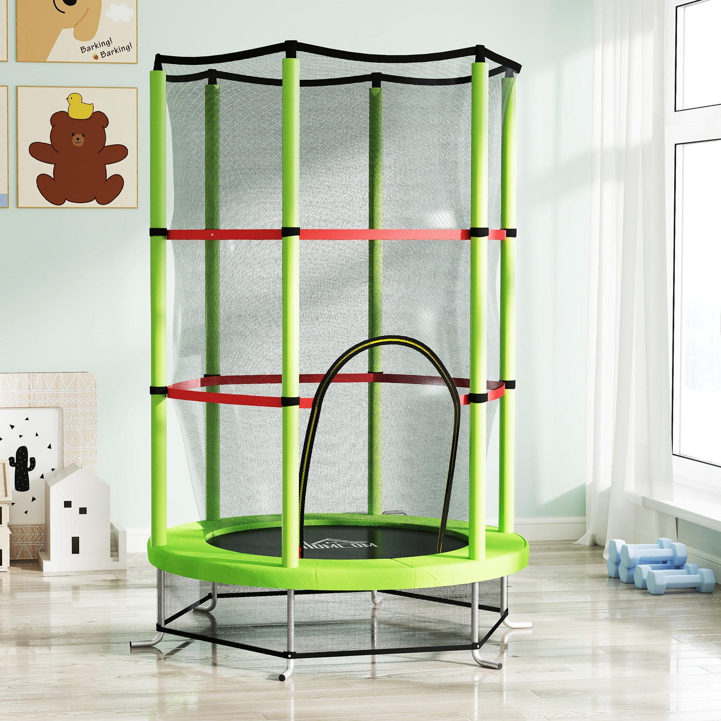 Homcom Cama Elástica Infantil Con Red De Seguridad Ø140x190 Cm Verde_1