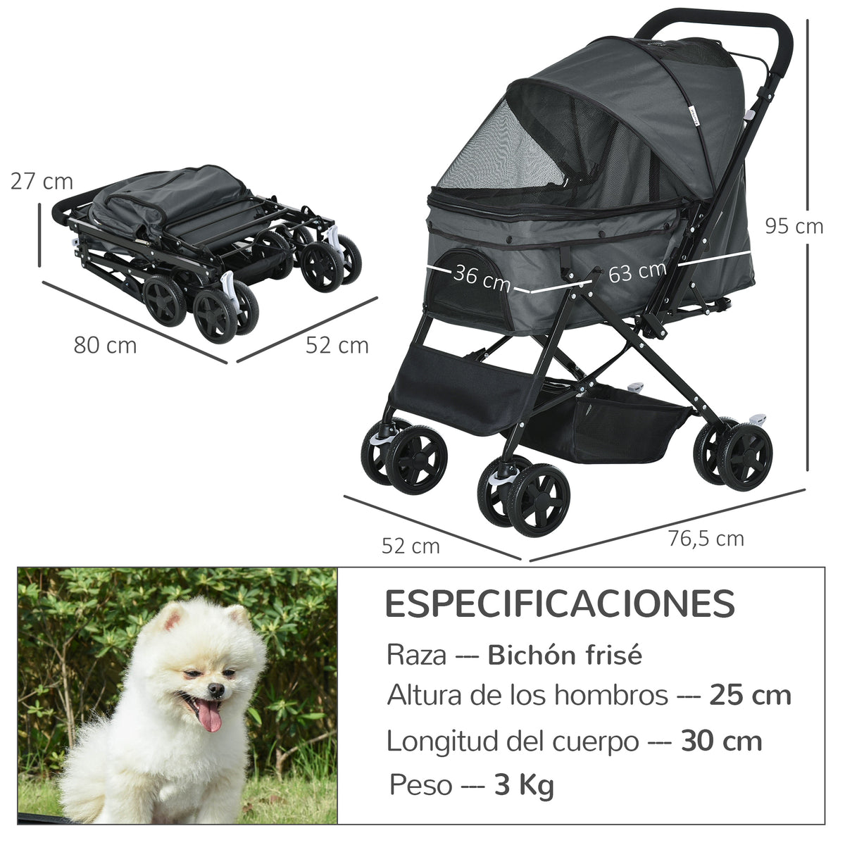 Pawhut Cochecito Para Mascotas Plegable Con Toldo Ajustable 76,5x52x95 Cm Gris_2