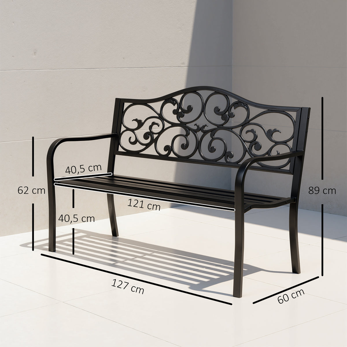 Outsunny Banco De Jardín De Acero Carga 240 Kg Para Patio 127x60x89 Cm Negro_2