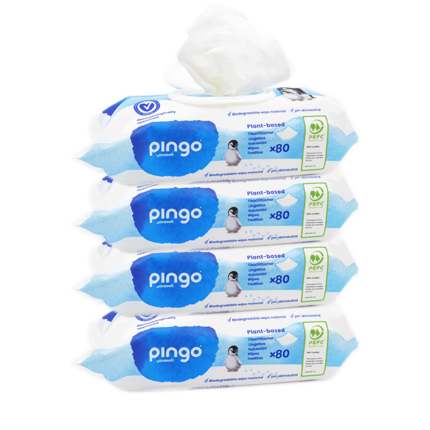 Pack x 4 Toallitas húmedas de bebé 100% biodegradables Pingo 80 uds