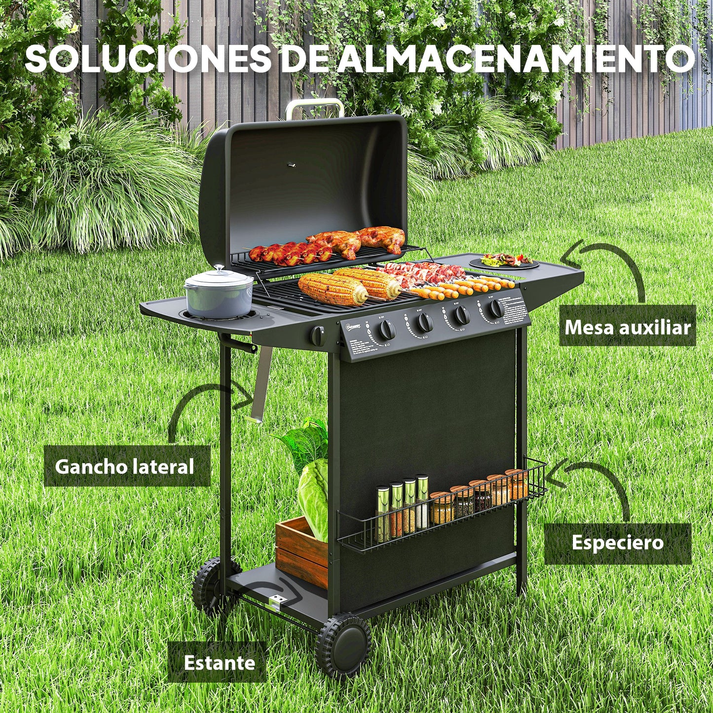 Outsunny Barbacoa De Gas Con 4+1 Quemadores 12 Kw Termómetro Mesa Lateral Negro_5