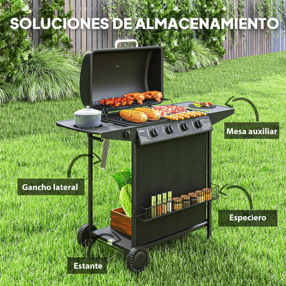 Outsunny Barbacoa De Gas Con 4+1 Quemadores 12 Kw Termómetro Mesa Lateral Negro_5