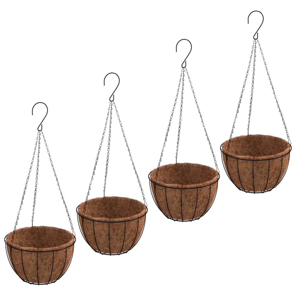 Macetas Colgantes 4 Uds Revestimiento Coco Acero Negro Ø40x63cm_0