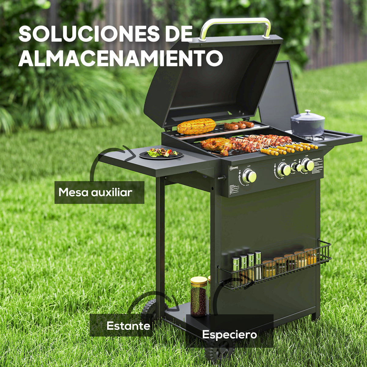 Outsunny Barbacoa De Gas Con 3+1 Quemadores 8,5 Kw Termómetro Mesa Lateral Negro_5