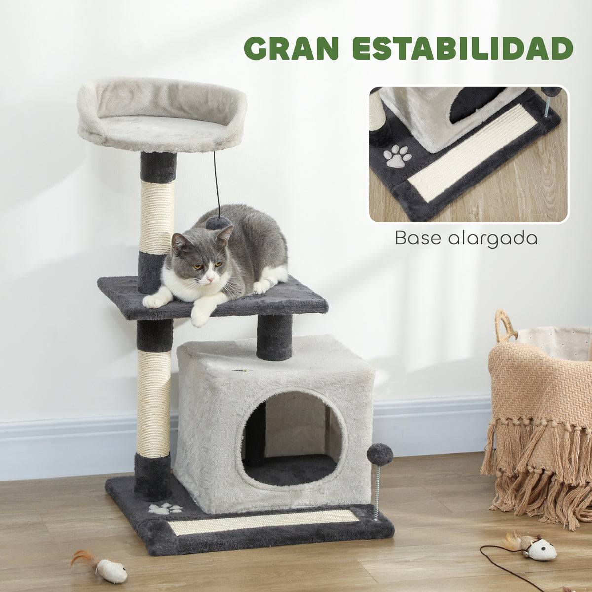 Pawhut Árbol Rascador Para Gatos 85 Cm Con Plataformas Cueva Gris Claro Y Negro_5