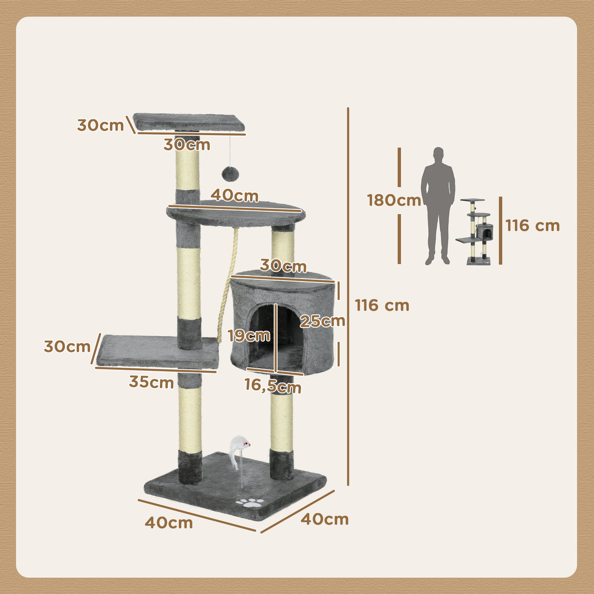 Pawhut Rascador Para Gatos Altura 116cm Con Postes De Sisal Cueva Y Plataformas_2