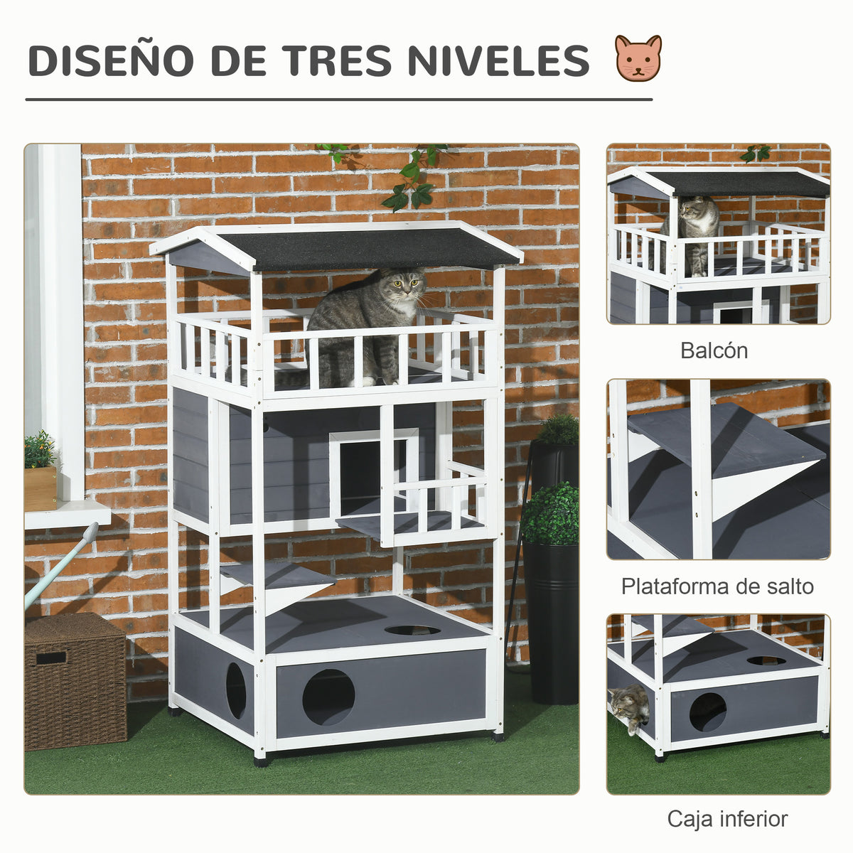 Pawhut Casa Para Gatos De Madera 75,5x75x137 Cm Con Techo Asfáltico Gris_3