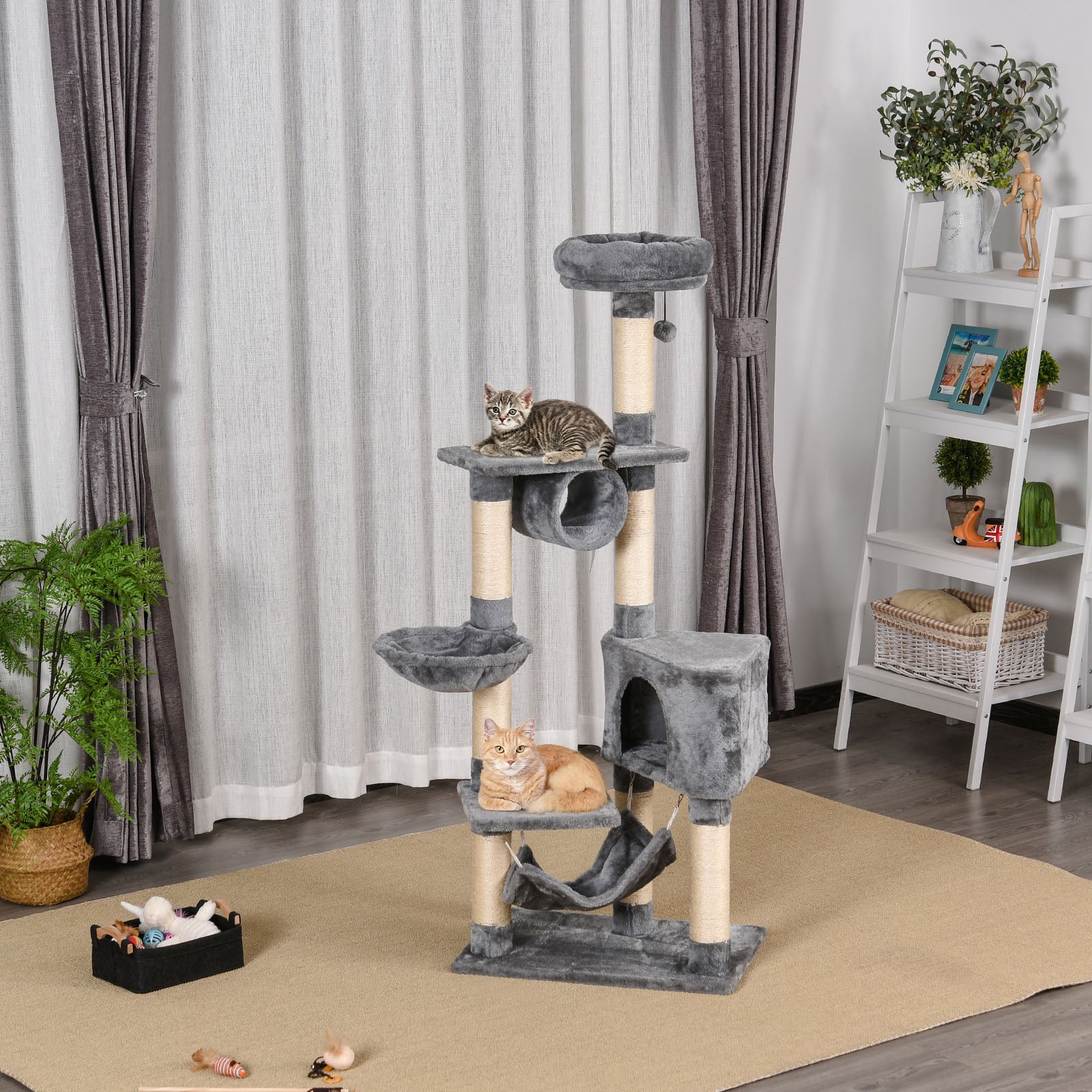 Pawhut Árbol Rascador Para Gatos 154 Cm Con Plataformas Túnel 60x40x154 Cm Gris_1