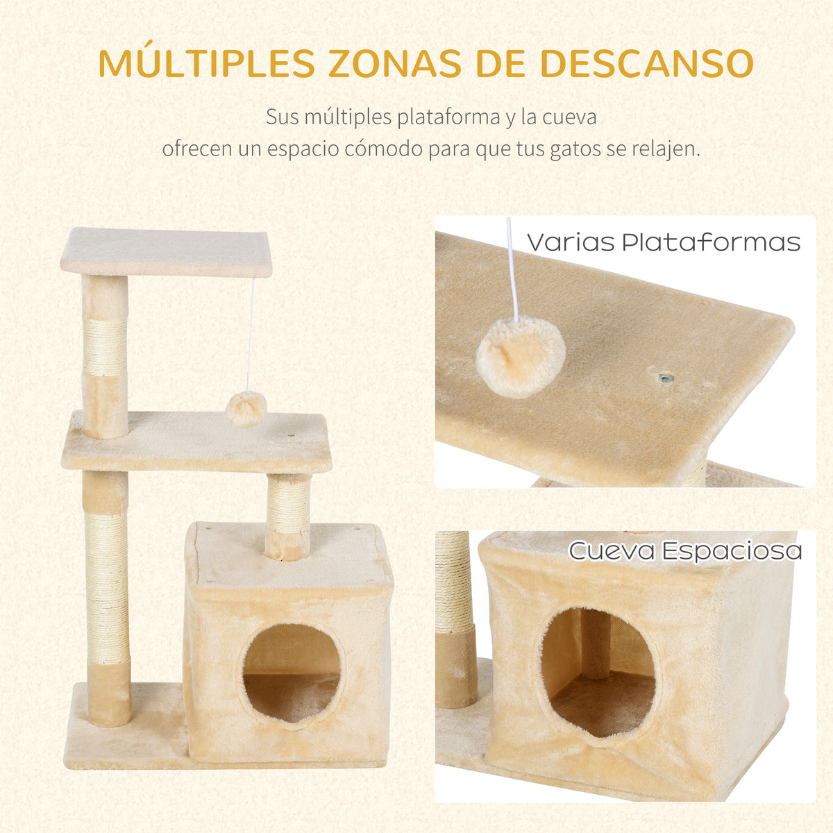 Pawhut Árbol Rascador Para Gatos 50x30x81,5 Cm Con Postes Plataformas Caja Bola_5