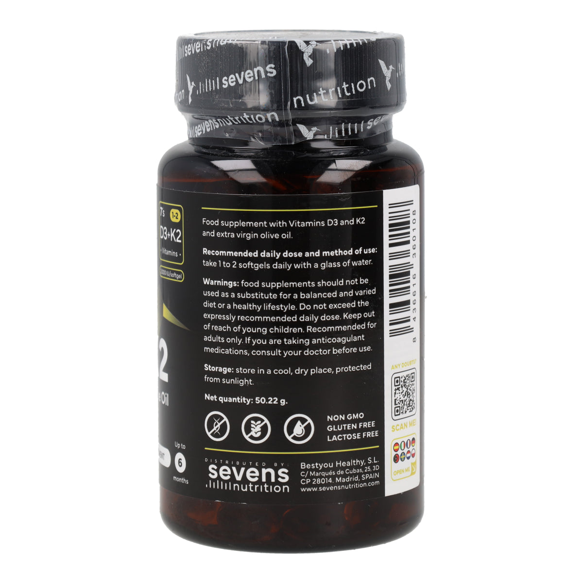 Vitamina D3 + K2 Sevens Nutrition 180 cápsulas