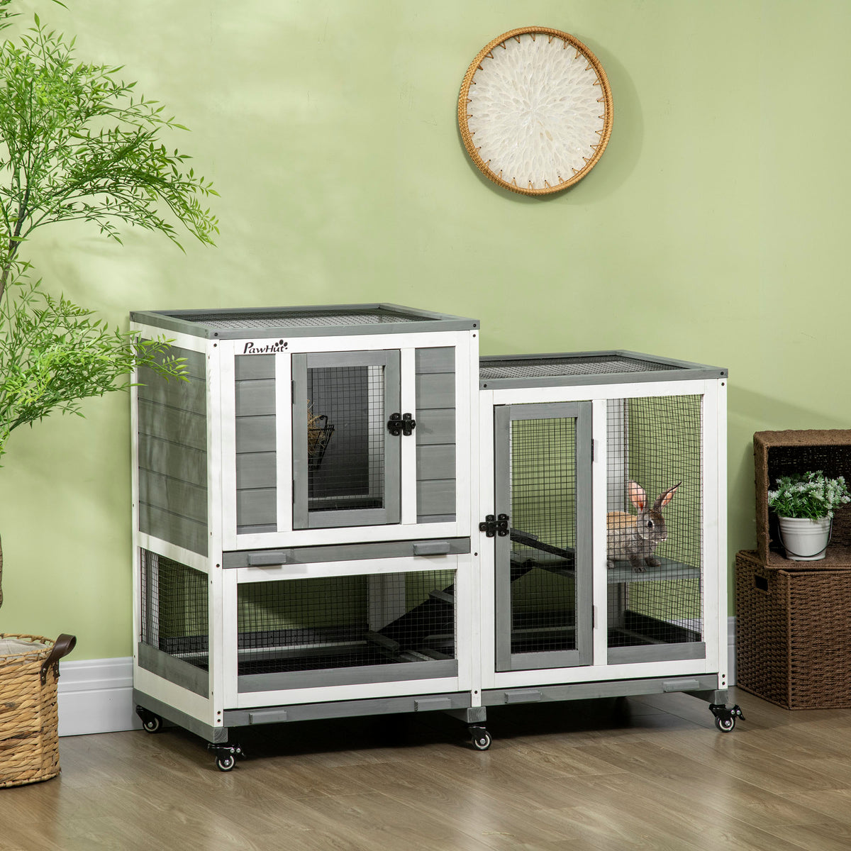Pawhut Conejera De Madera Para Interior Con 6 Ruedas 110x50x86 Cm Gris_1