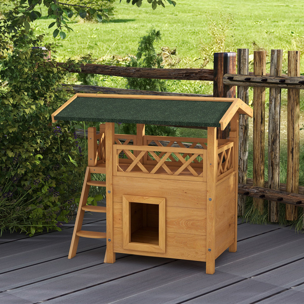 Pawhut Casa Para Gatos De Madera 77x50x73 Cmcon Techo Asfáltico Escalera Natural_1