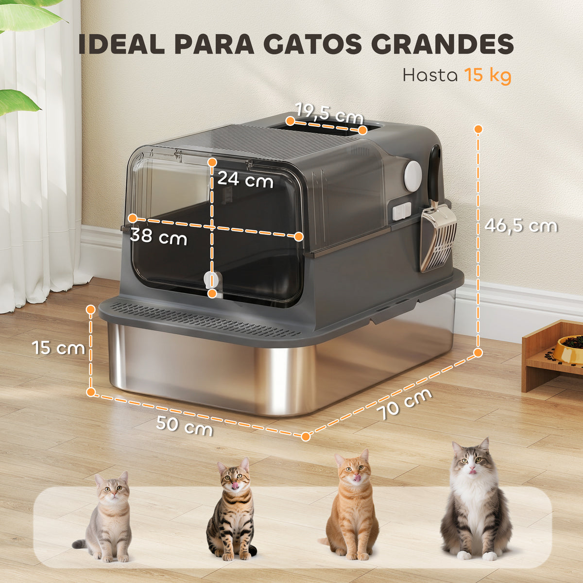 Pawhut Arenero Para Gatos De Acero Inoxidable Xxl Tapa Abatible Negro_2