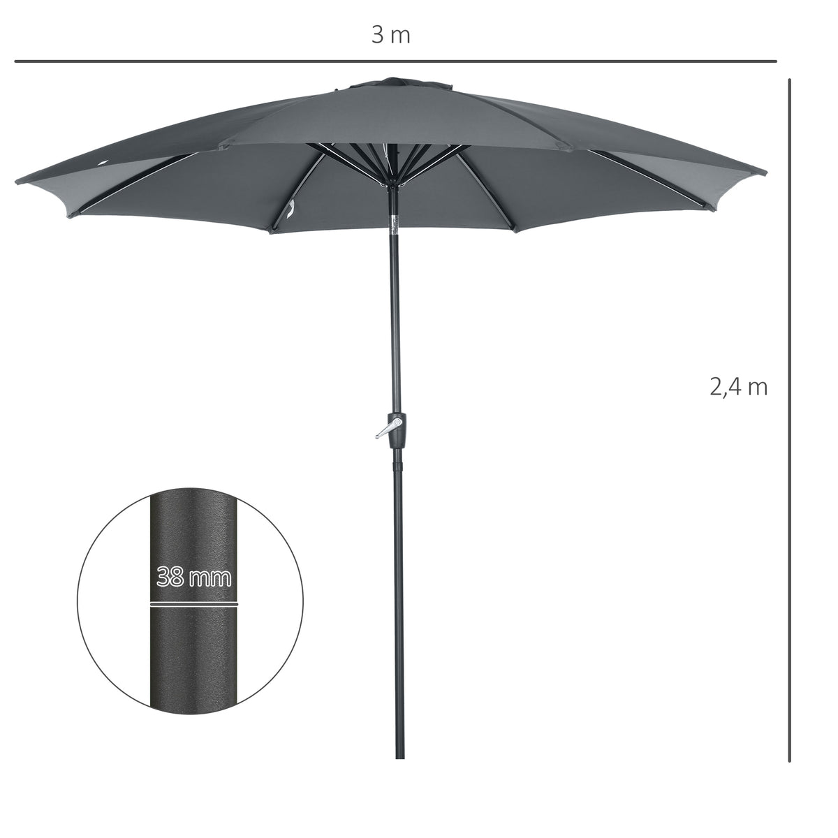 Outsunny Sombrilla De Jardín Ø300x252 Cm Con Manivela Techo Inclinable Gris_2