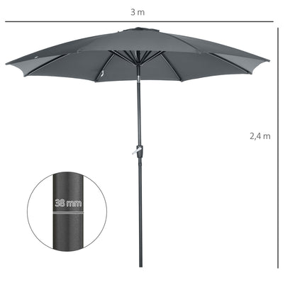 Outsunny Sombrilla De Jardín Ø300x252 Cm Con Manivela Techo Inclinable Gris_2