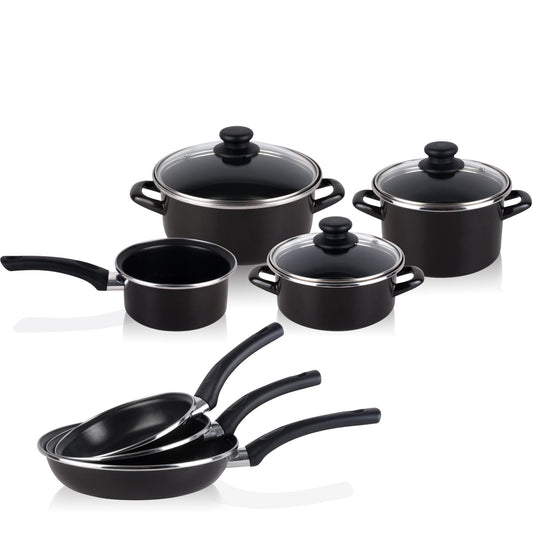 Bateria De Cocina 7 Piezas + Set Juego 3 Sartenes 18-20-24cm, Acero Vitrificado 820ºc, Libre Pfoa Magefesa Kenia, Negro_0