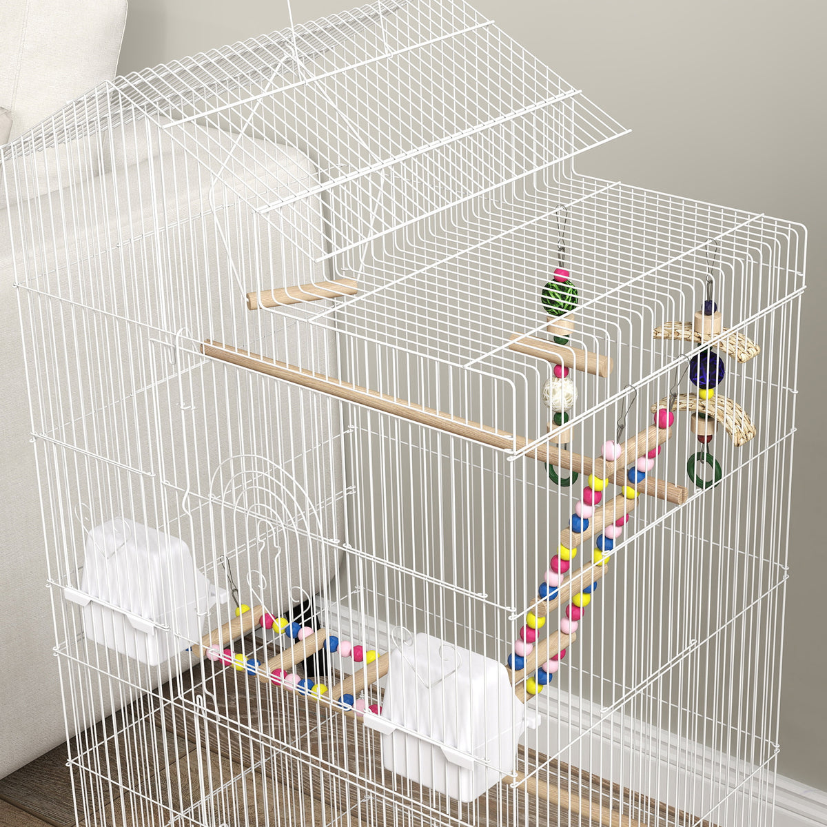 Pawhut Jaula Para Pájaros Con Puertas 4 Comederos Columpio 46x36x100 Cm Blanco_3